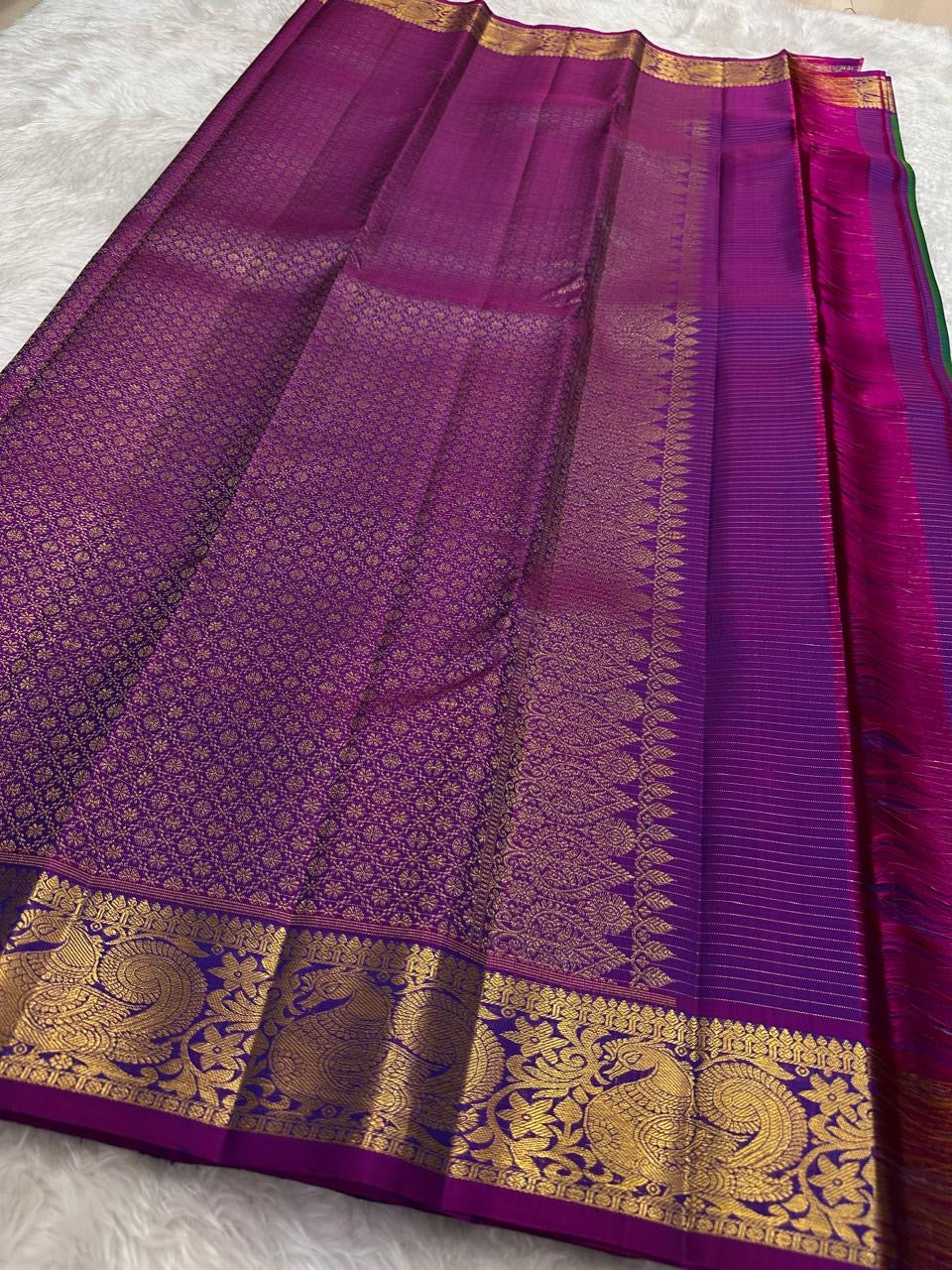 Mayil peacock pallu on teal shot colour Kanchipuram pure silk saree — Idam Living