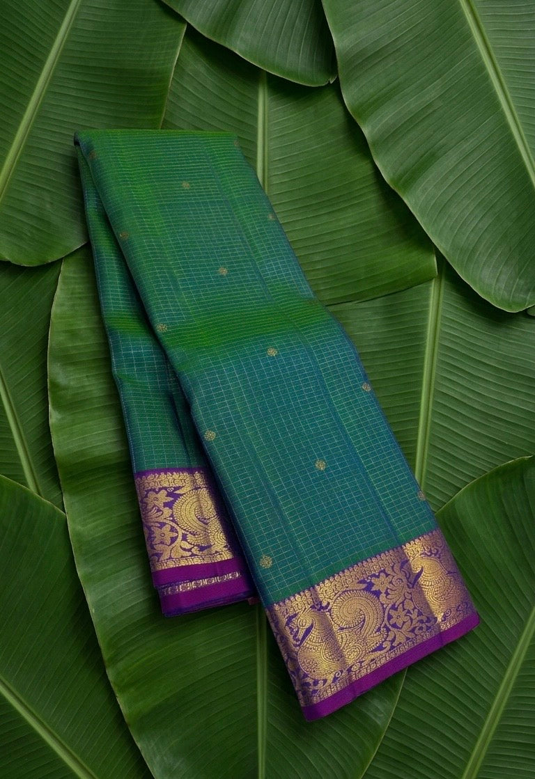 Teal shot colour handwoven Kanchipuram pure silk saree with zari kattam body and mayil peacock korvai border — Idam Living