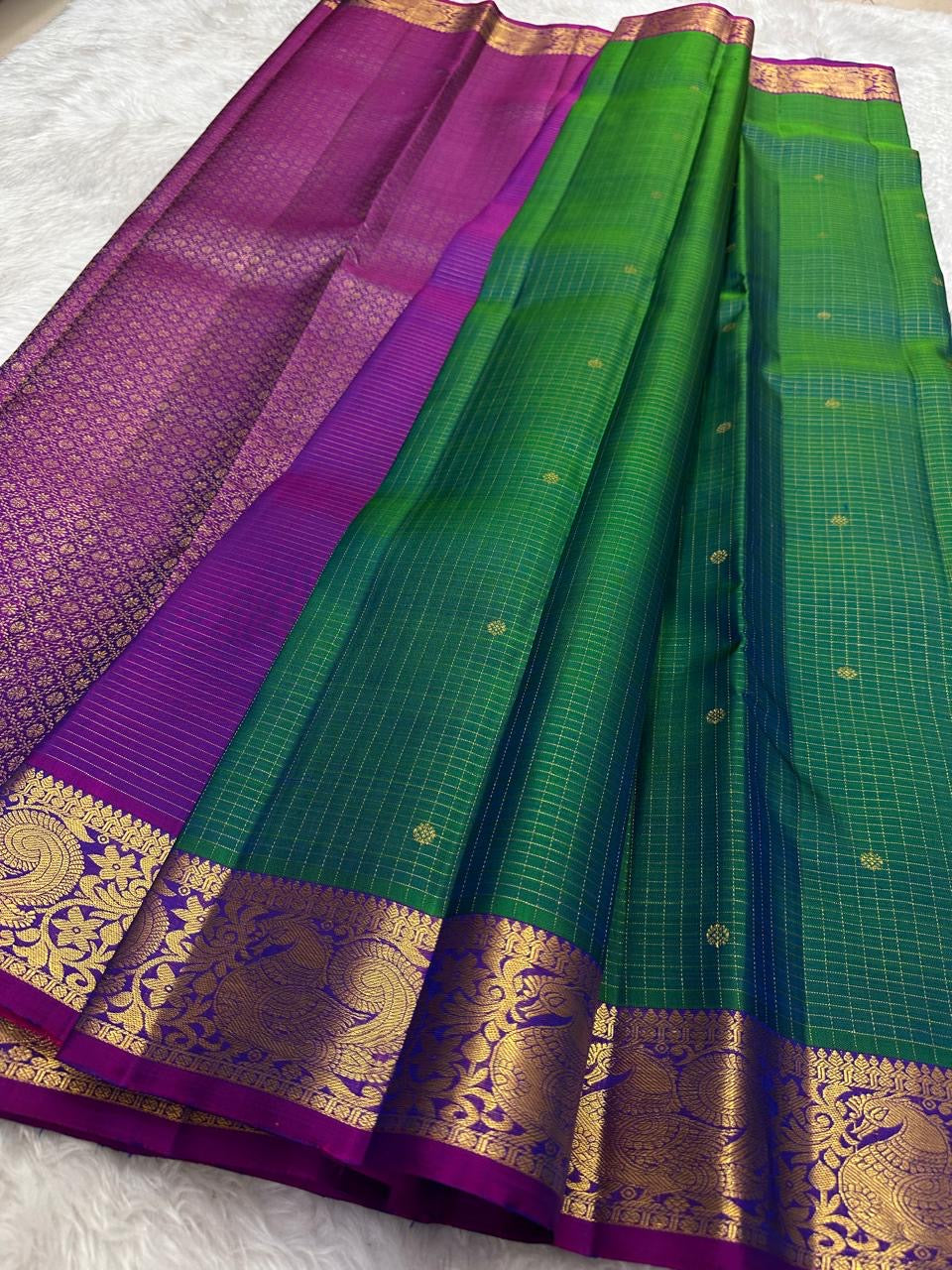 Deep magenta korvai mayil peacock border on teal shot colour Kanchipuram pure silk saree — Idam Living