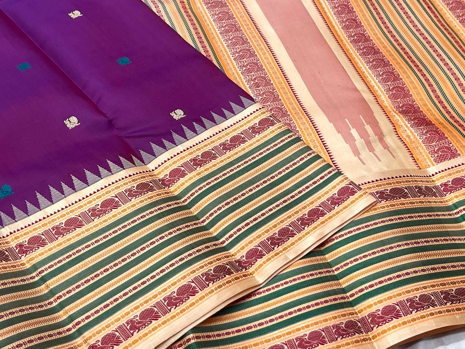 Royal Purple pure silk Kanchipuram saree — temple border