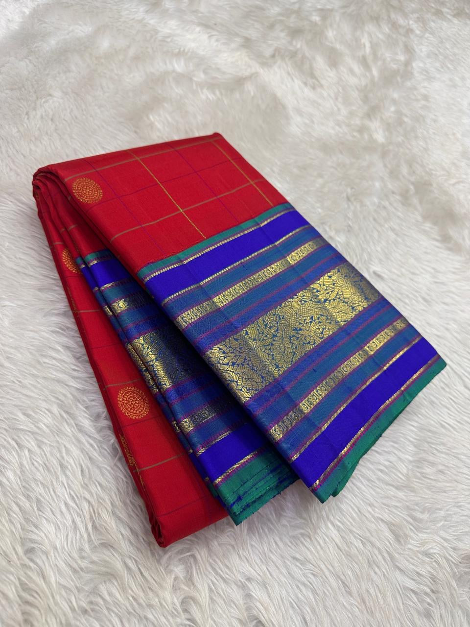 Temple red Kancheepuram silk saree violet korvai weave handloom