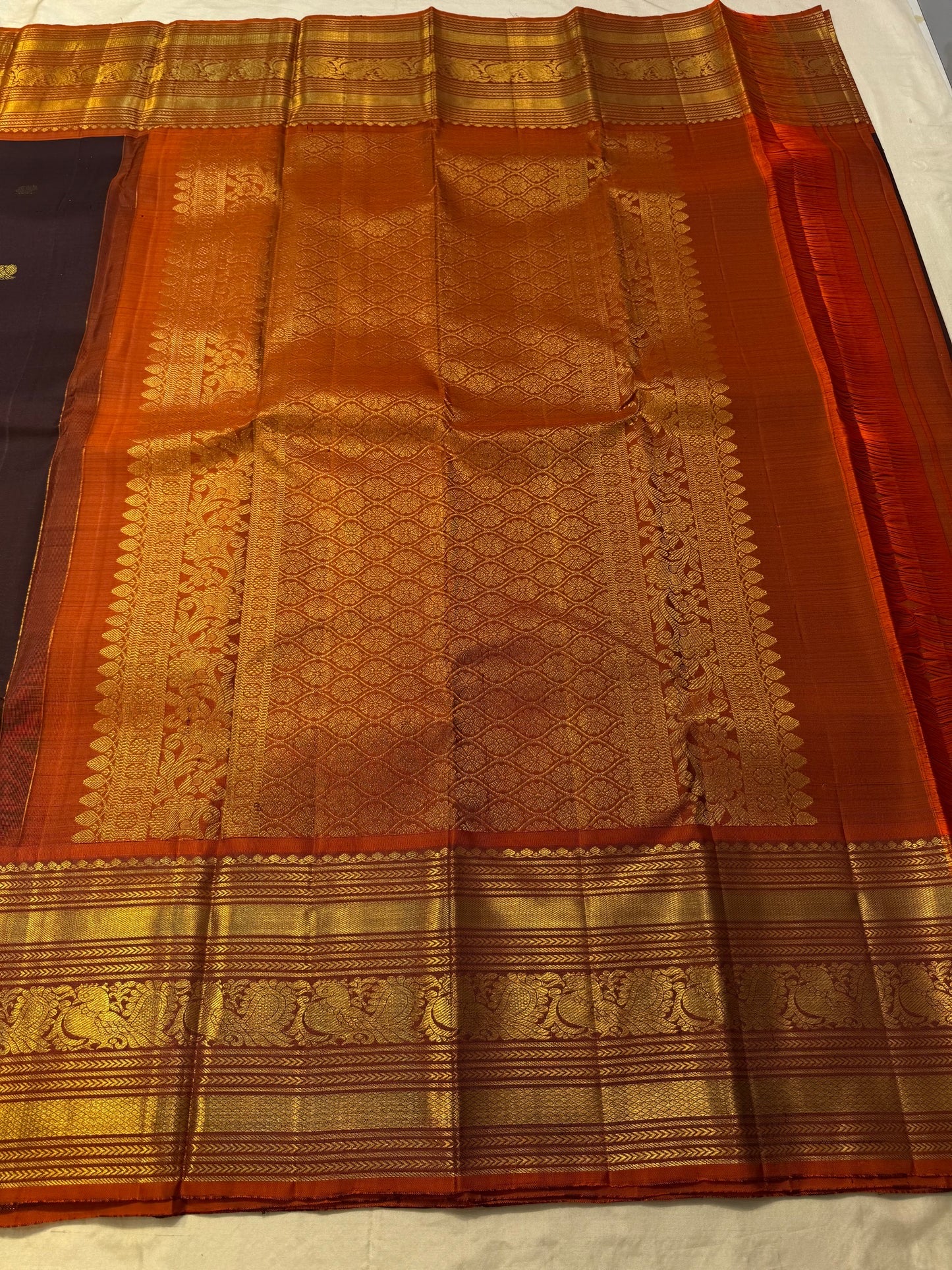 Luxury Kanjivaram silk saree with antique gold zari and ember orange border