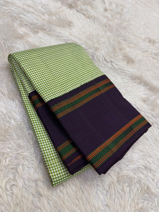 Tender Green and Deep Plum Handwoven Pure Silk Kanjivaram Saree with Kanchi Kattam Rettapet Border