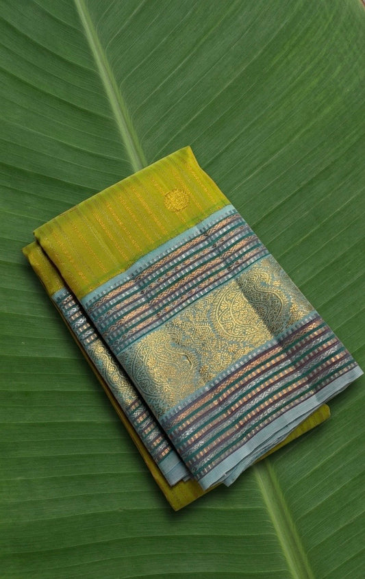Tender mango green Pure Kanchipuram silk saree with icy aqua antique gold zari border