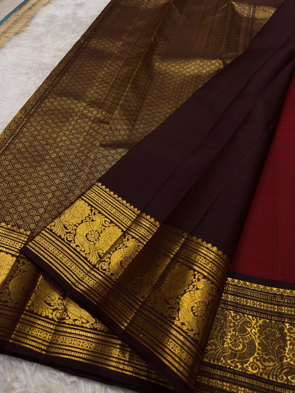 Burnt Copper Handwoven Pure Silk Kanchipuram Saree with Deep Aubergine Korvai Zari Border