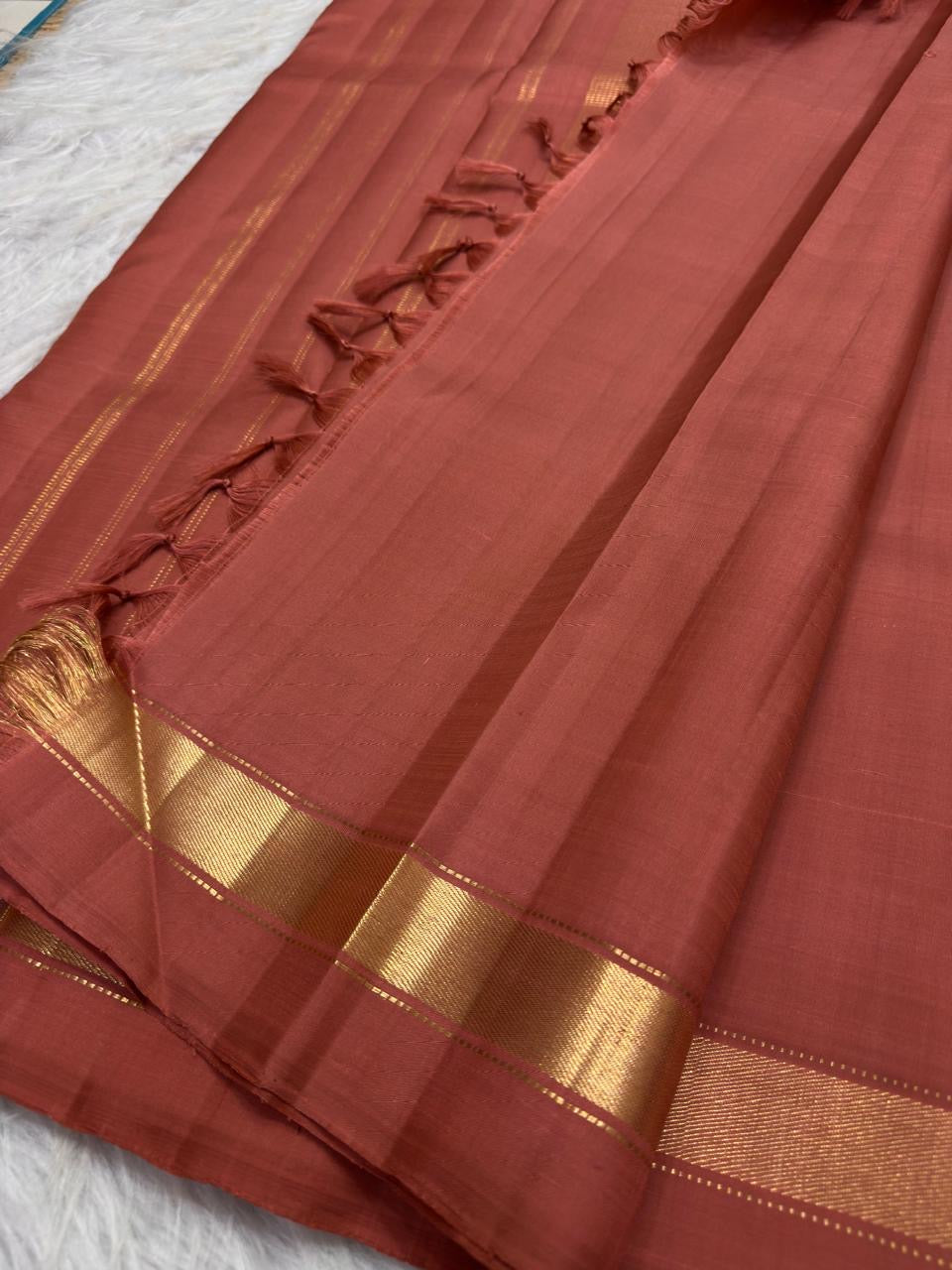 Terracotta lightweight Kanjipuram silk saree with broad gold zari border, border detail