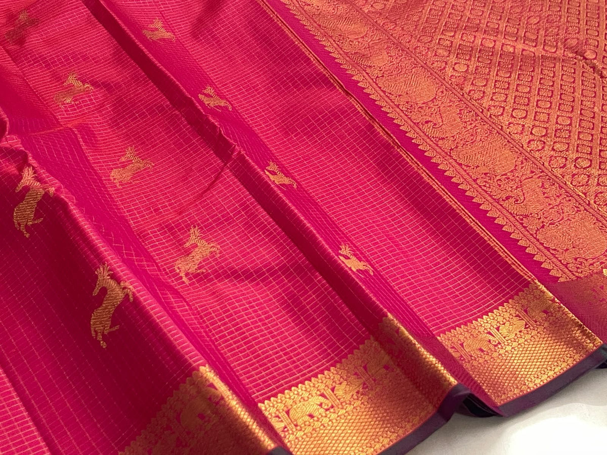 Deep pink handwoven pure silk Kanjivaram Zari Kattam saree with deer motifs and gold zari border — Idam Living