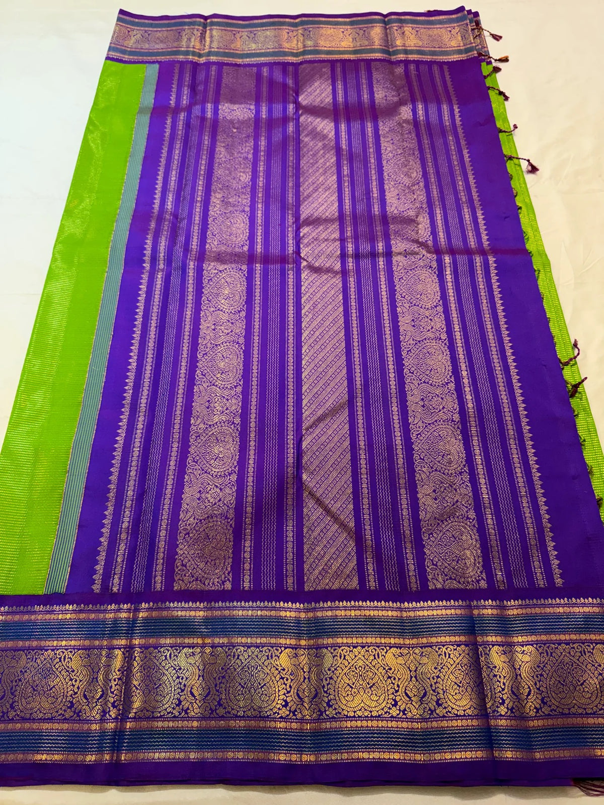 Thulir Pachai handwoven Pure Silk Kanchipuram Vairaoosi saree with royal violet zari border