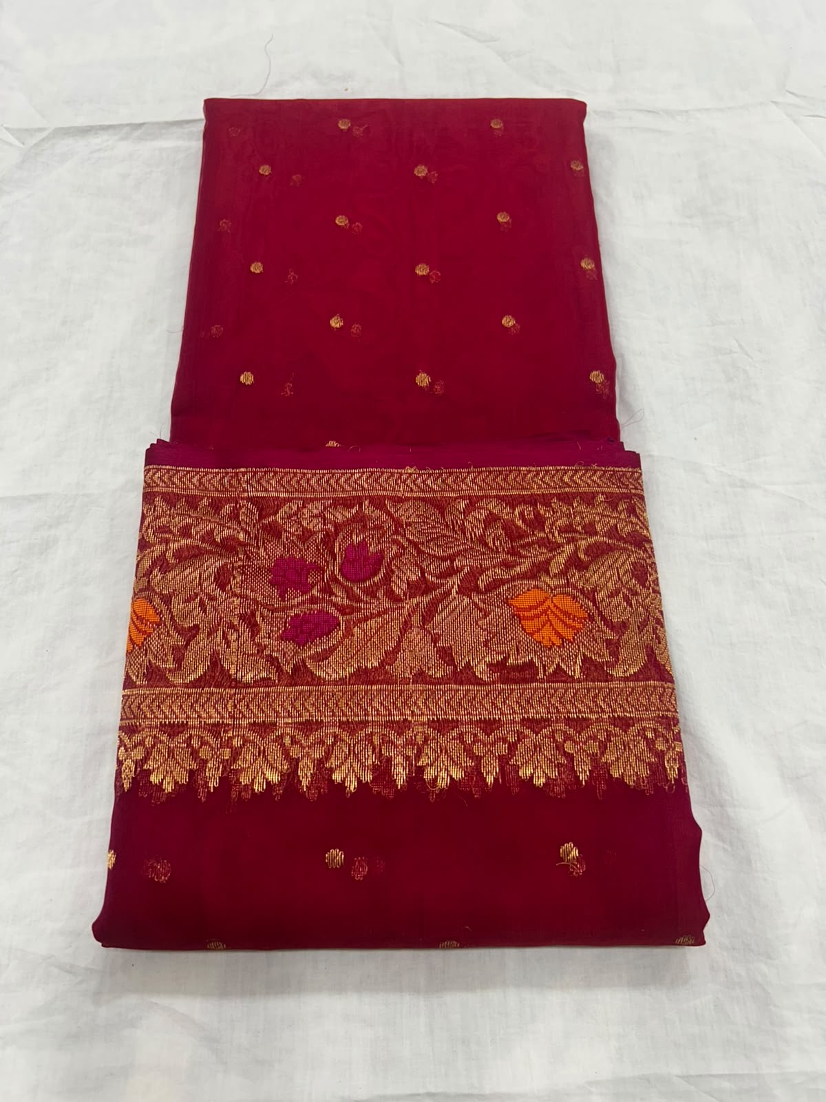 Tissue Pattu Silk Chanderi saree with Rani Pink body and buttas