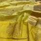 Full view of Turmeric Gold Tissue Pattu Silk Chanderi saree with ornamental floral border and antique-gold pallu