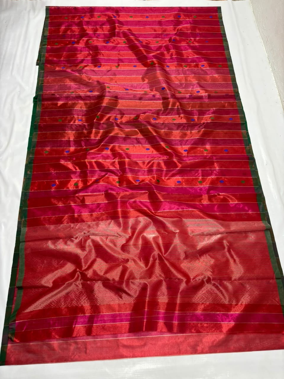 Tissue Silk Chanderi saree detail showing fine jari stripes and multicolour woven buttas