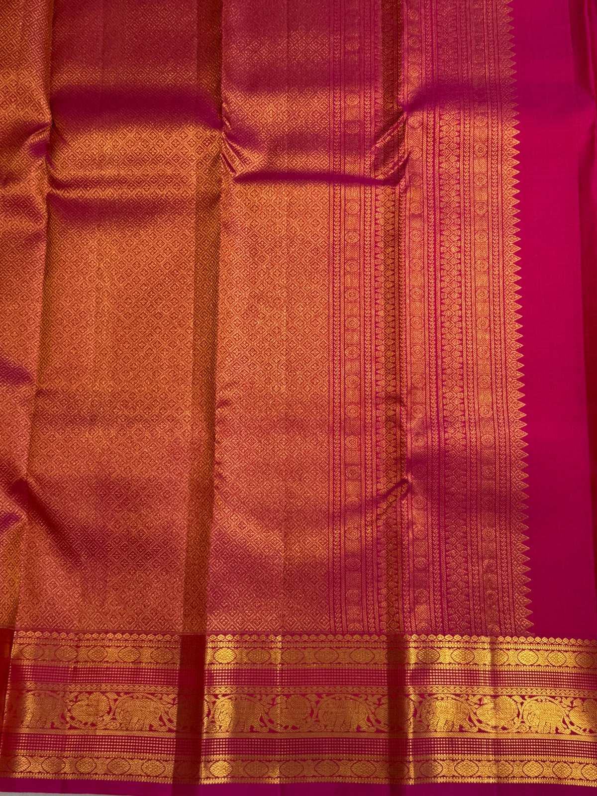 Lotus rose and rani pink butta pure silk Kanjeevaram saree with gold elephant border – view 5