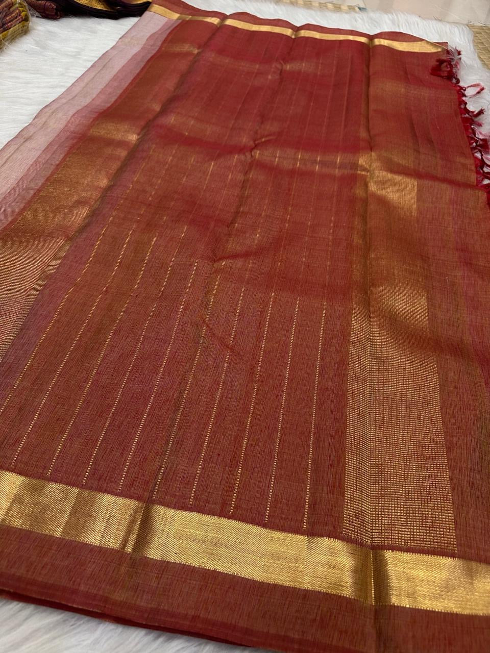Blush Pink Handwoven Pure Silk Kanjeevaram Saree with Plain Body and Deep pink  Zari Border