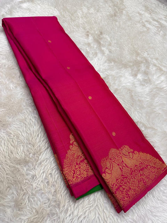 Traditional raspberry pink Butta Pure Silk Kanchi Pattu saree