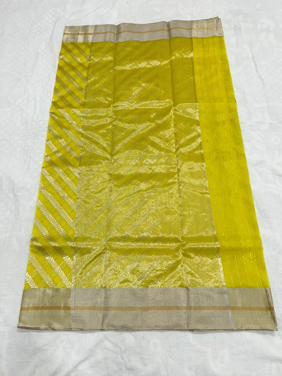 Sunlit Turmeric Yellow Diagonal Zari Katan Silk Chanderi Saree, silver-champagne border with warm-gold line