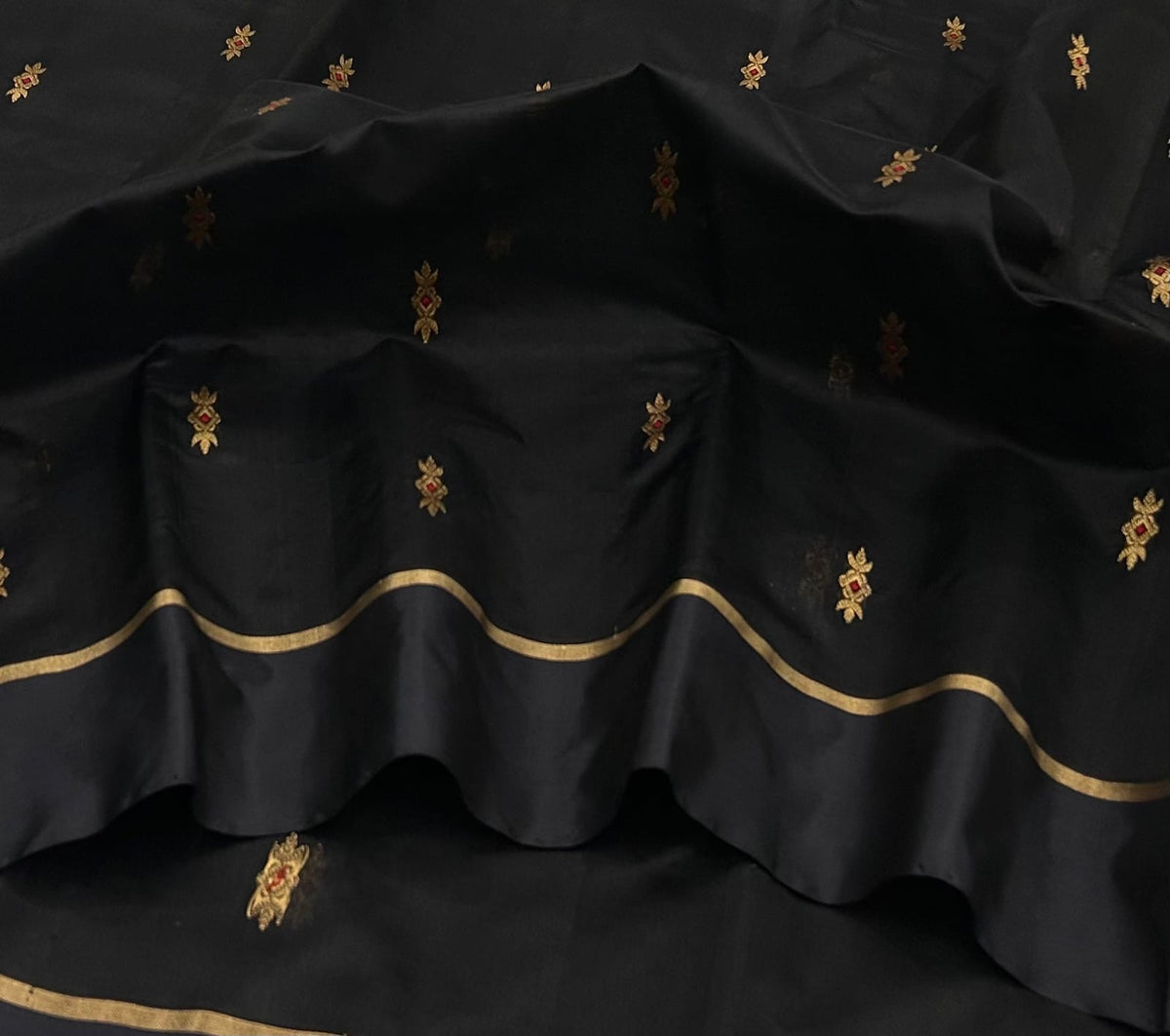 Midnight black Pattu Silk Chanderi saree with small antique-gold butis