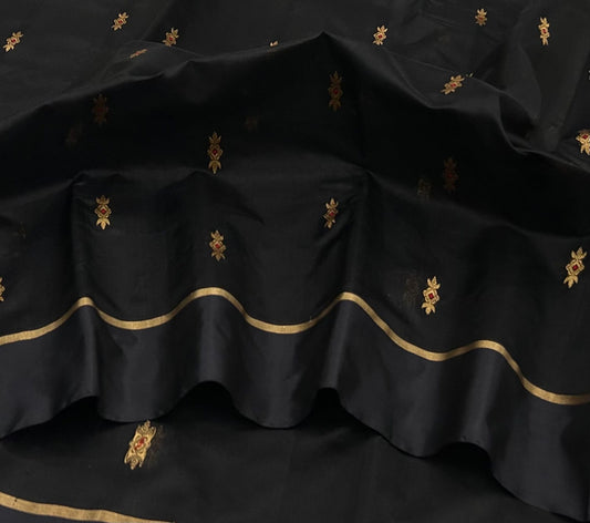 Midnight black Pattu Silk Chanderi saree with small antique-gold butis