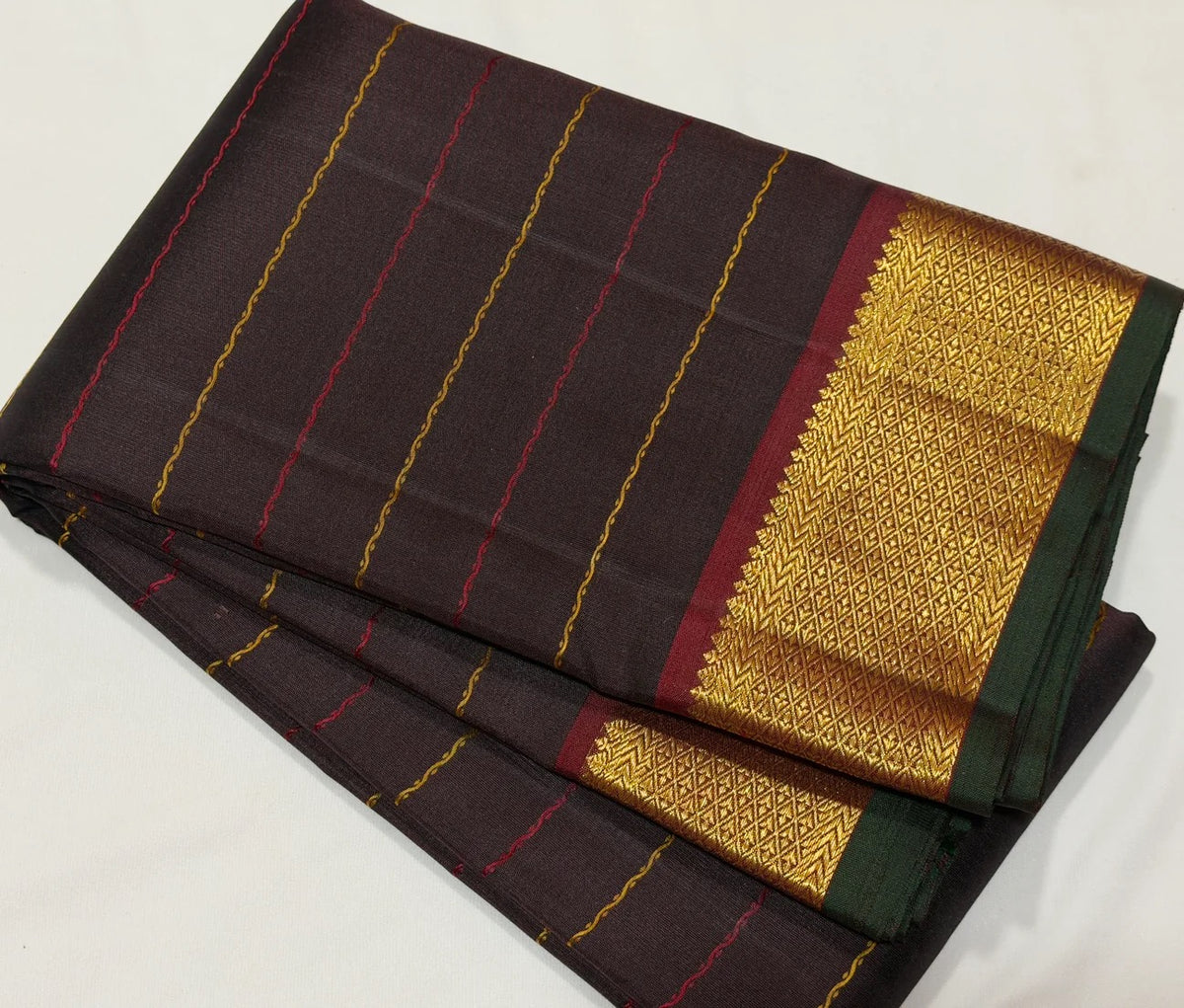 Coffee Brown Handwoven Pure 2G Jari Kanjivaram Saree with Neli Veldhari Body and Maroonish Brown Borders full saree view showing body, border and pallu.