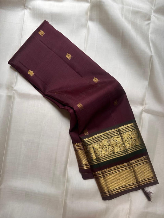 Deep Plum handwoven pure Kancheepuram silk saree full overview