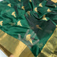 Pure silk Chanderi saree with delicate parrot-inspired woven motifs and classic gold zari accents