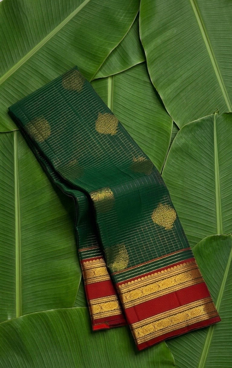 Bottle green and arakku red zari kattam Kanjivaram silk saree with gandaberunda and floral butta — Idam Living