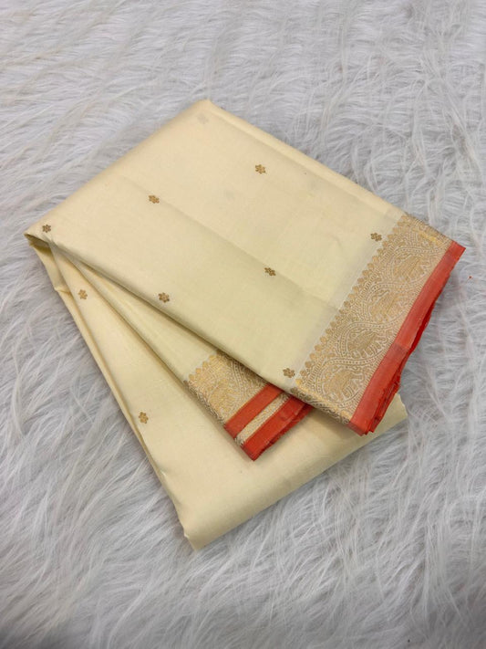 Ivory Handwoven Pure Silk Kanjivaram Saree with Small Gold Buttas & Petite Zari Elephant Border
