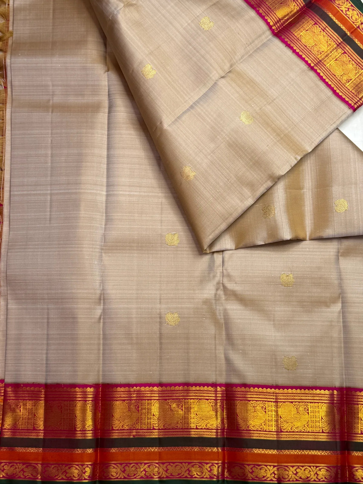Sandalwood Taupe Pure Silk Kanjivaram Varisaipet Saree with Kamalam Motifs – view 1