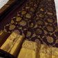 Deep Aubergine Floral Jaal Pure Silk Kanchipuram Saree with Gold Peacock & Yazhi Border: view 1