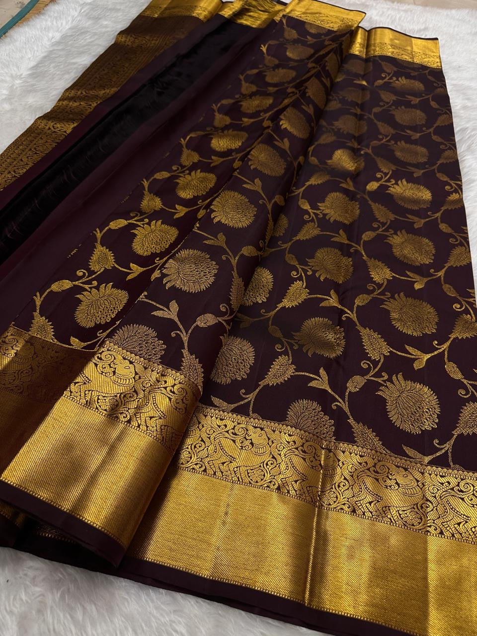 Deep Aubergine Floral Jaal Pure Silk Kanchipuram Saree with Gold Peacock & Yazhi Border: view 1