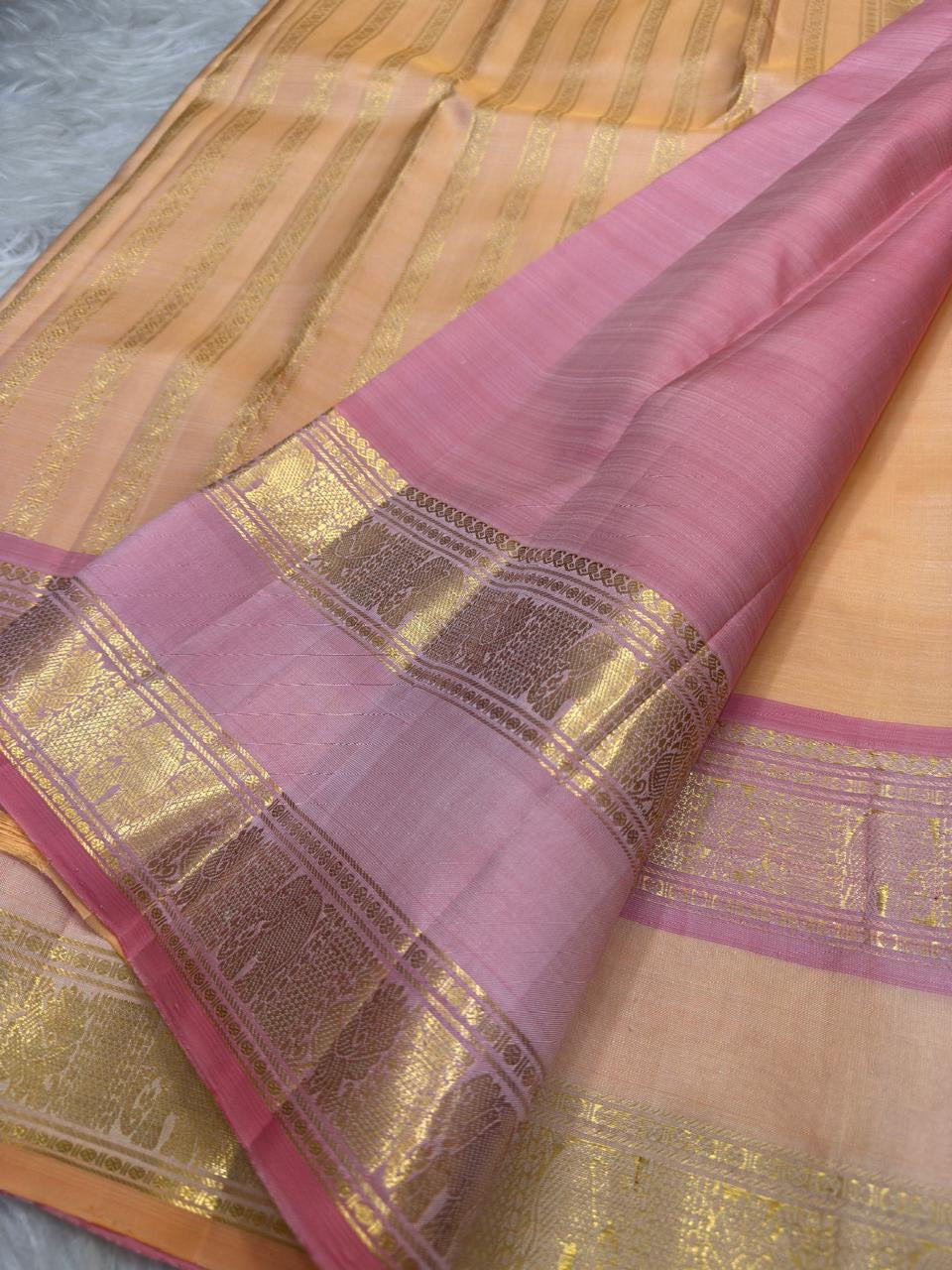 Peach Blush Handwoven Pure Silk Kanchipuram Rettapet Saree with Pink Border – view 2