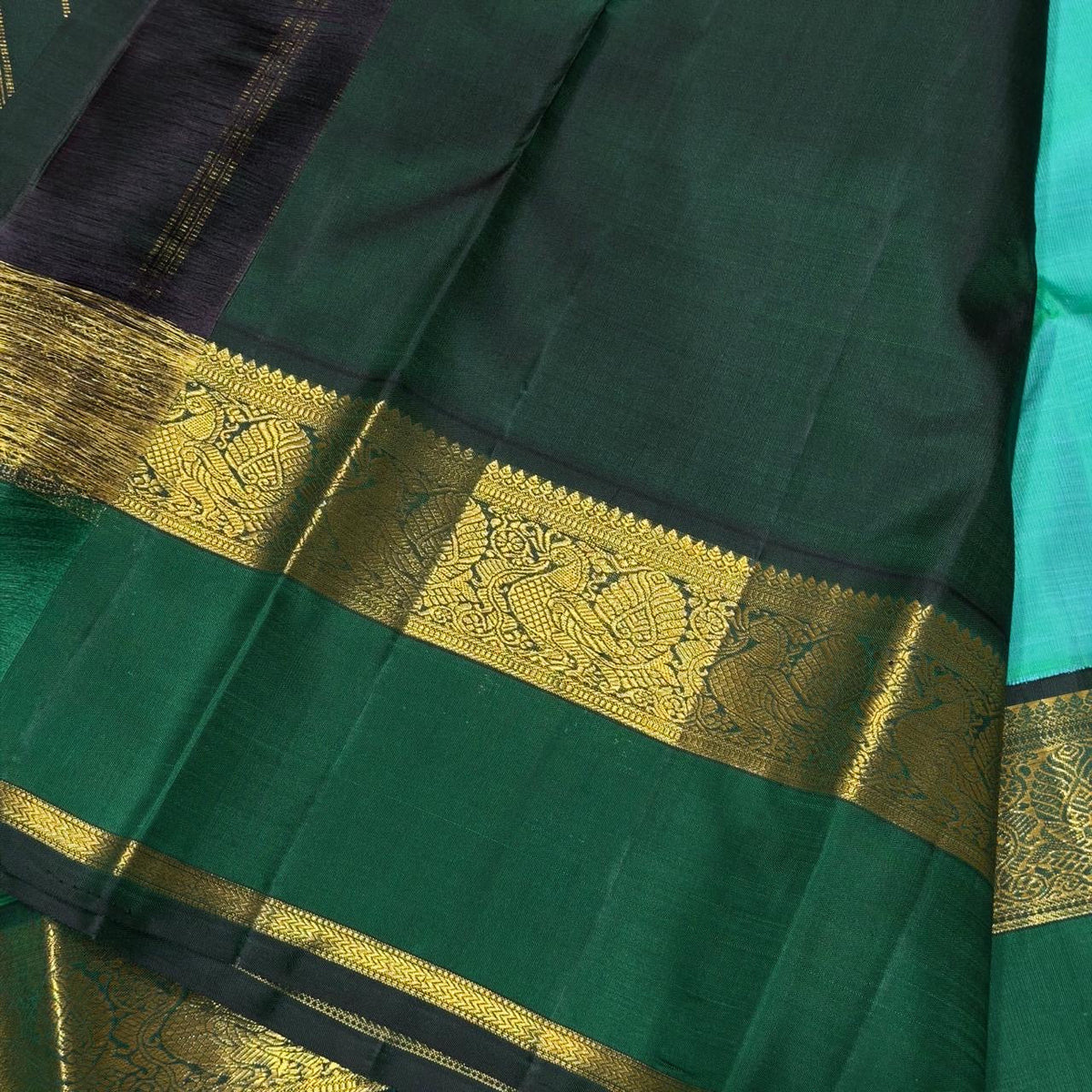 Light Green Handwoven Korvai Kanjivaram Silk Saree with Bottle Green Border