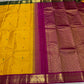 Mustard yellow Ganga-Jamuna Korvai Kanjivaram saree with magenta pallu woven in gold zari diamond lattice