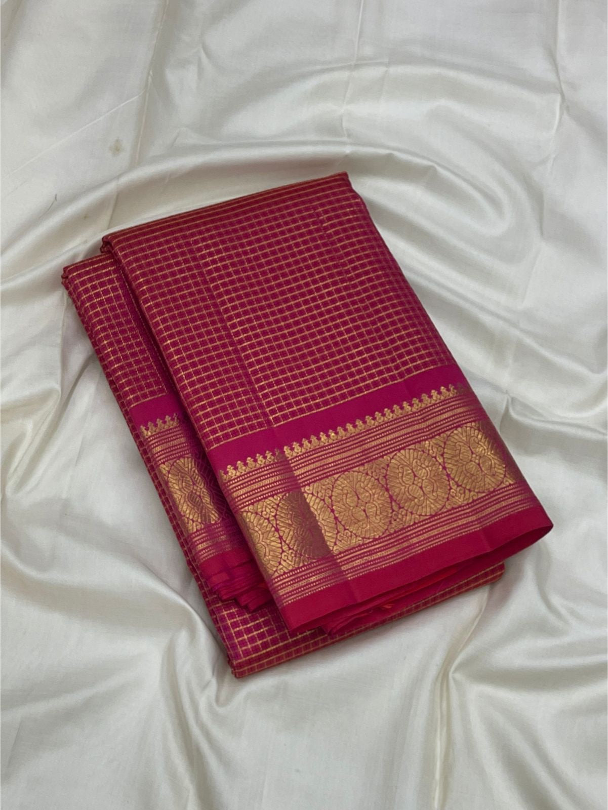 Multicolour Varisaipet border with layered gold zari and accent bands on radiant pink Kanchipuram saree — Idam Living