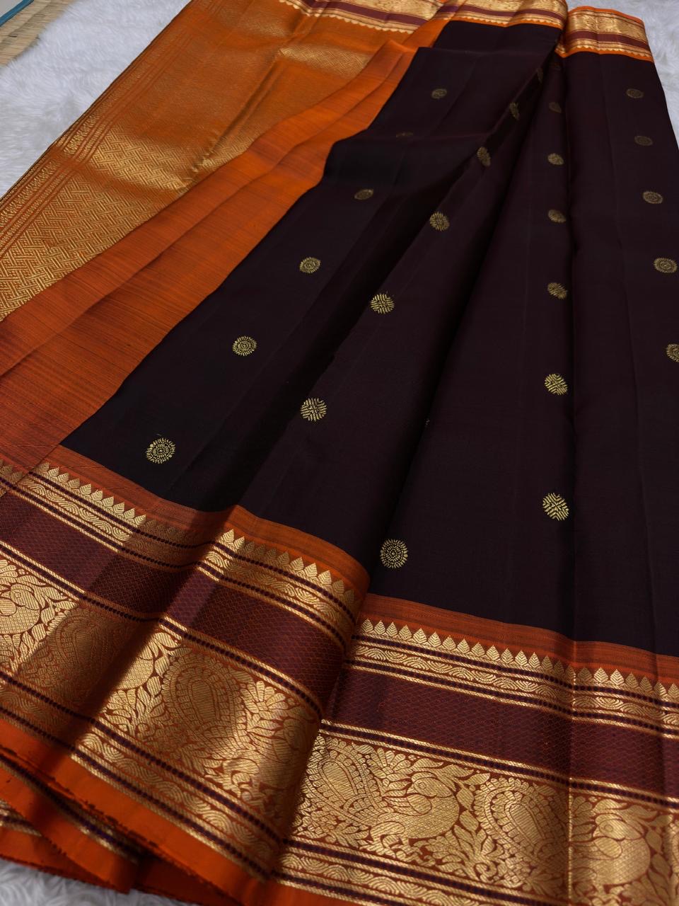Burgundy Deep Coffee Brown and Orange Handwoven Pure Silk Kanjivaram Saree with Kamalam Butta and Silk Thread Zari Border