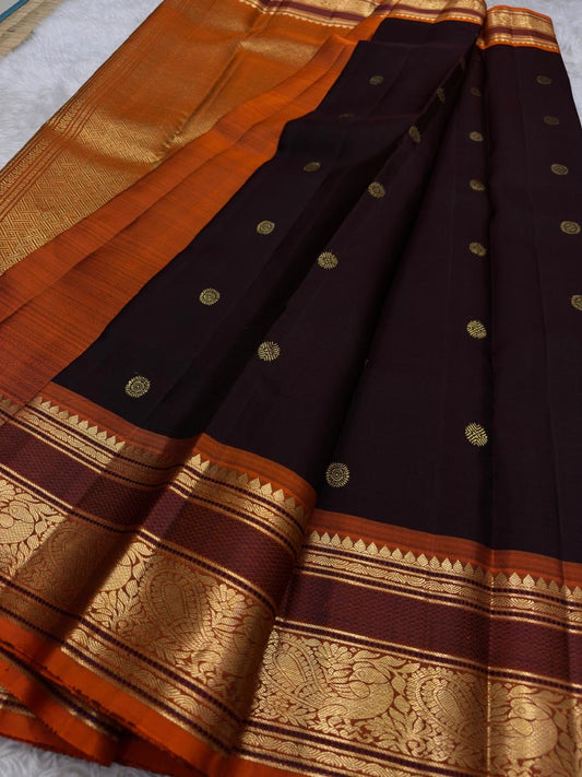 Burgundy Deep Coffee Brown and Orange Handwoven Pure Silk Kanjivaram Saree with Kamalam Butta and Silk Thread Zari Border
