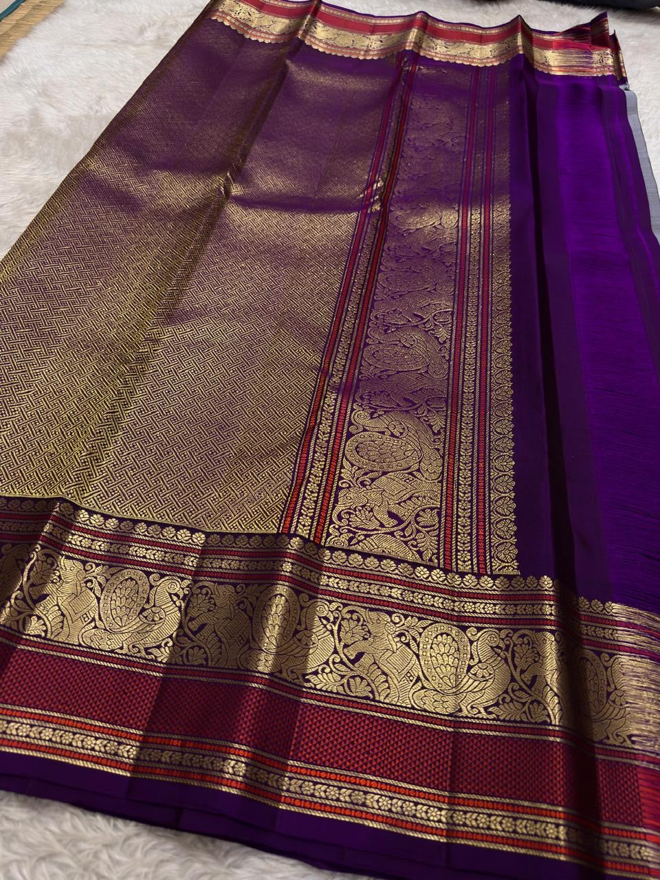 Steel Grey and Kanchana Purple Handwoven Pure Silk Kanchipuram Saree with Mayil Butta and Vanasringaram Yaanai Border