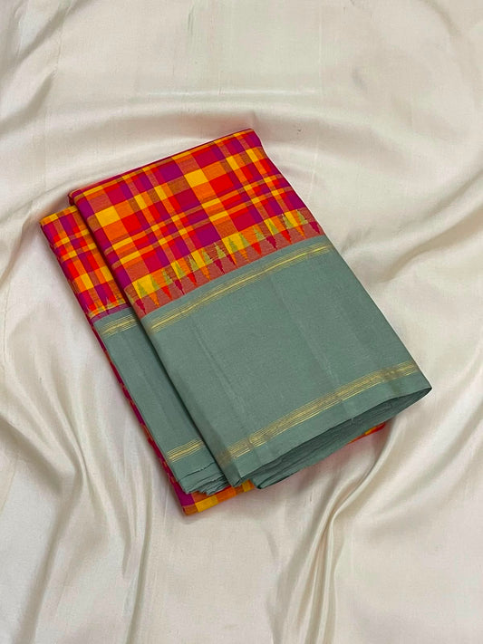 Vibrant Multicolour Handwoven Pure Silk Kanjipuram Saree with Kanchi Kattam Weave
