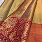 Sandalwood ivory handwoven pure silk Banarasi-Kanchipuram fusion saree with champagne-gold zari and vermilion-red floral urn and bird border
