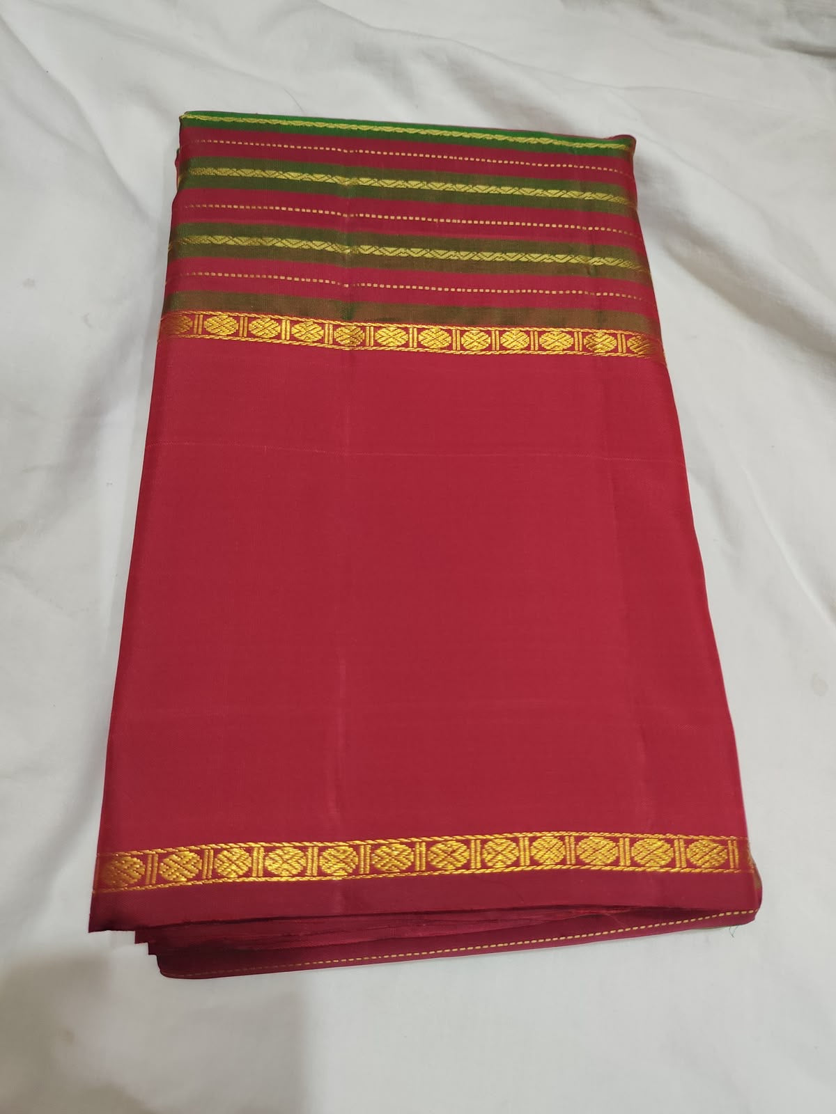 Vintage vermilion Vazhaipoo stripes Rettapet pure silk Kanchipuram saree, detail view
