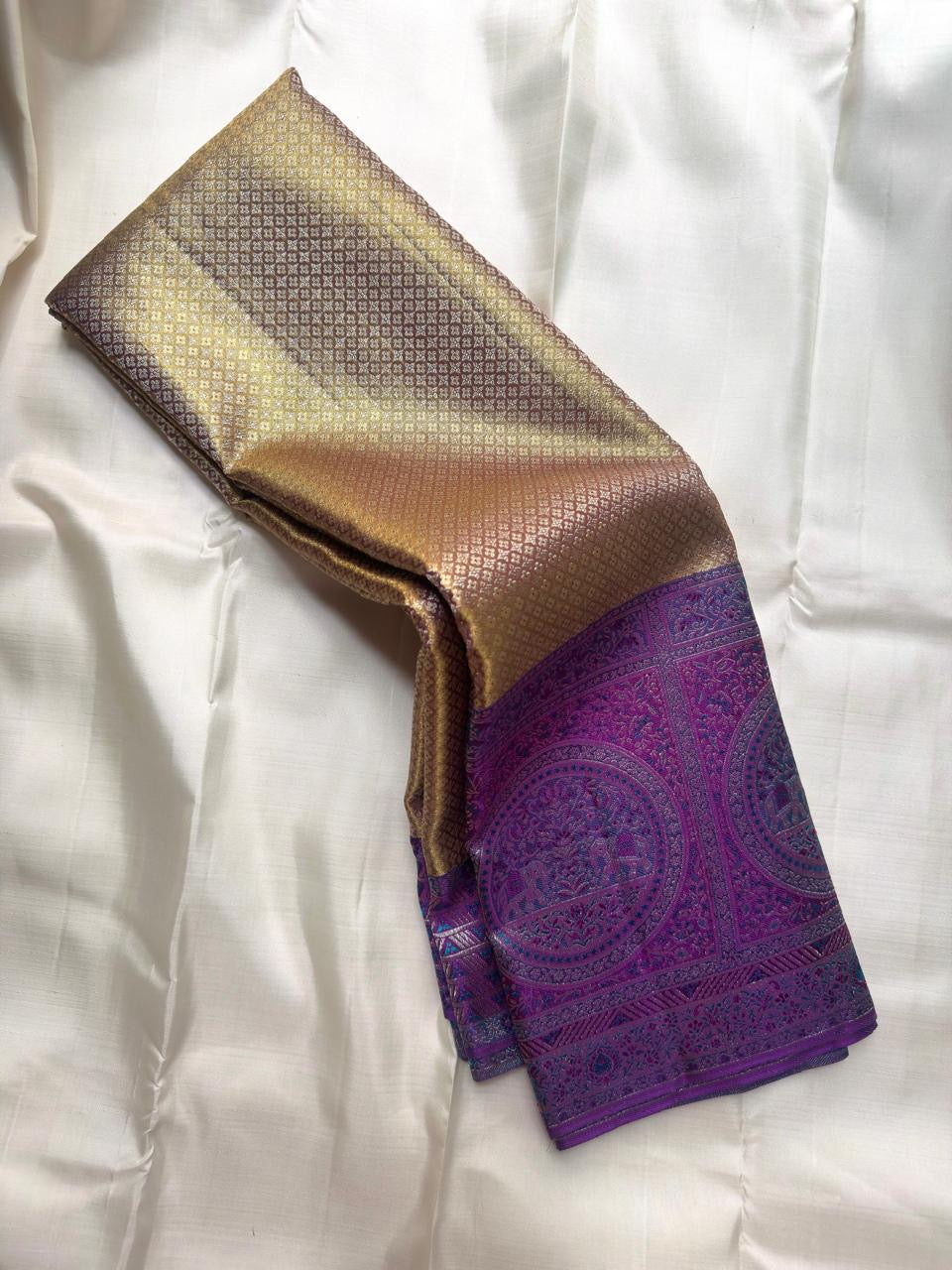 Antique gold handwoven pure silk Banarasi-Kanchipuram fusion saree with Kathiripoo purple, gold zari latticework and elephant medallions