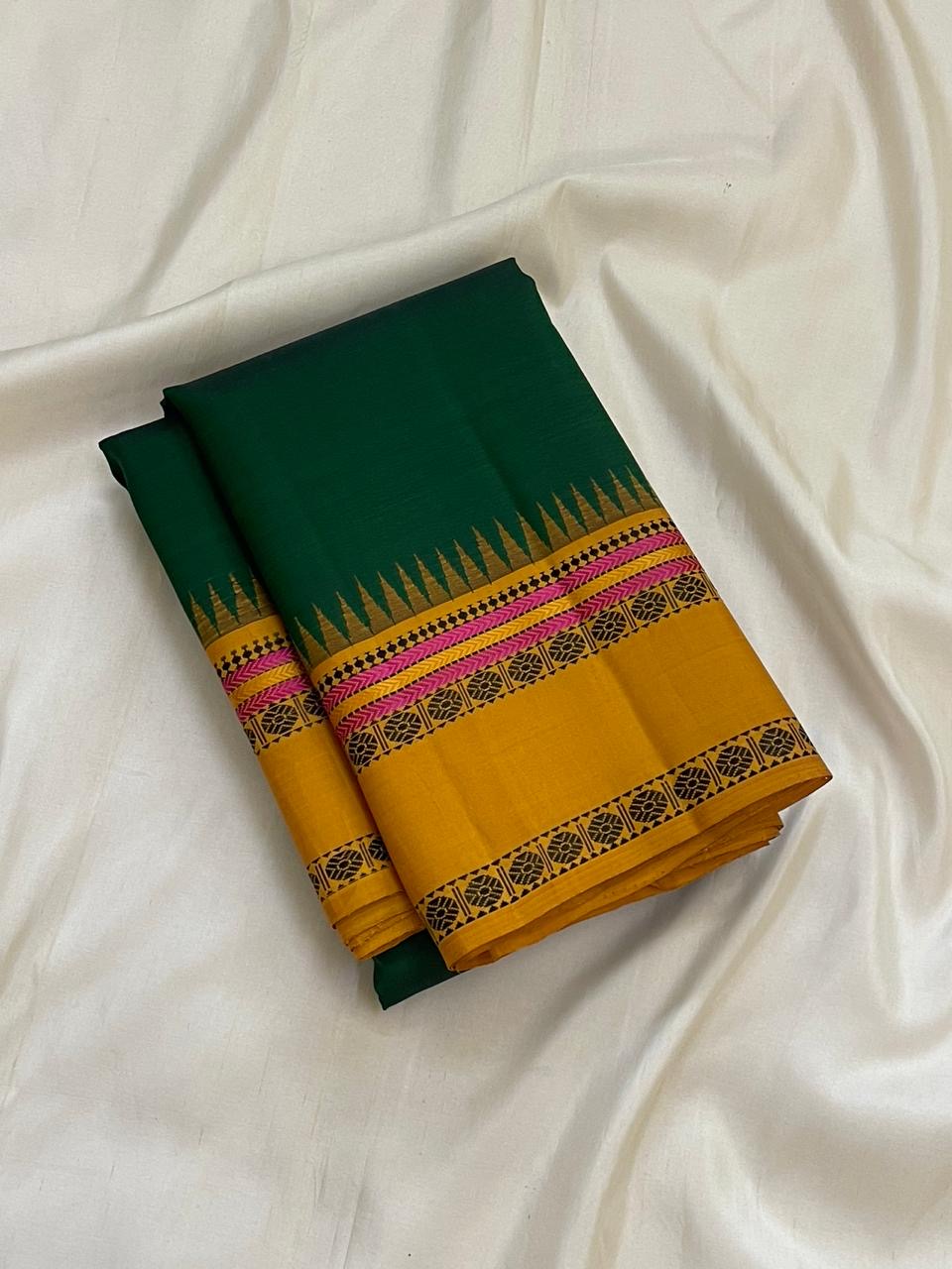 Golden yellow Korvai pallu on forest green pure silk Kanjeevaram Pattupet saree — Idam Living