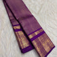 Royal oodha purple and deep aubergine Kanchipuram zari kattam silk sarees, showing body, border and detailed gold zari pallu