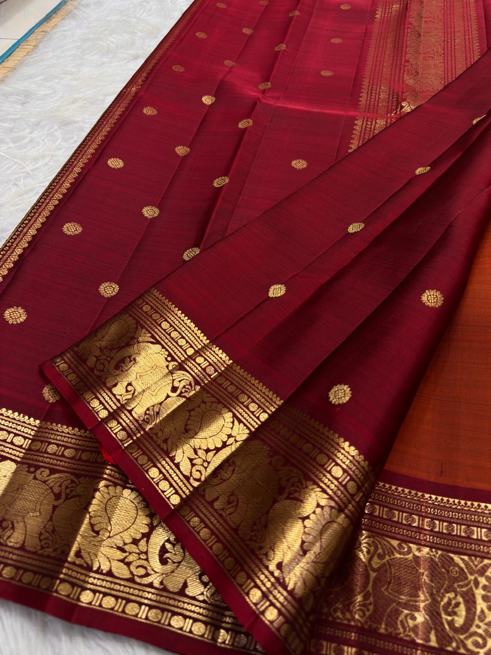 Semmann Terracotta Pure Silk Kanchipuram Peacock Butta Saree with Maroon Zari Border – view 3