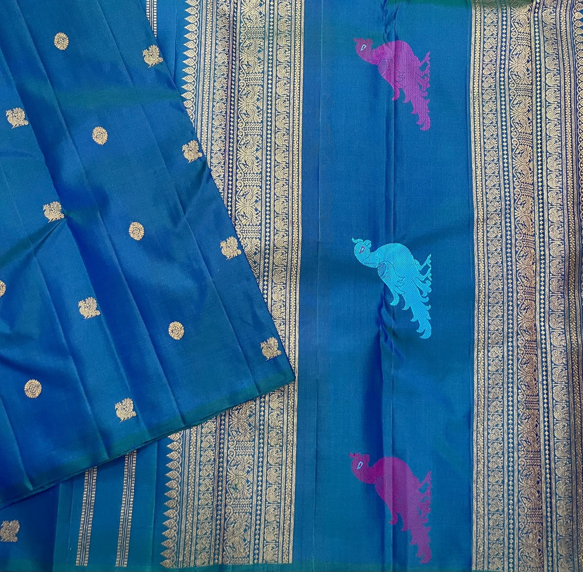 Peacock blue handwoven pure silk Kanjivaram saree with gold Mayil Kamalam buttas and colourful Kili parrot pallu — Idam Living