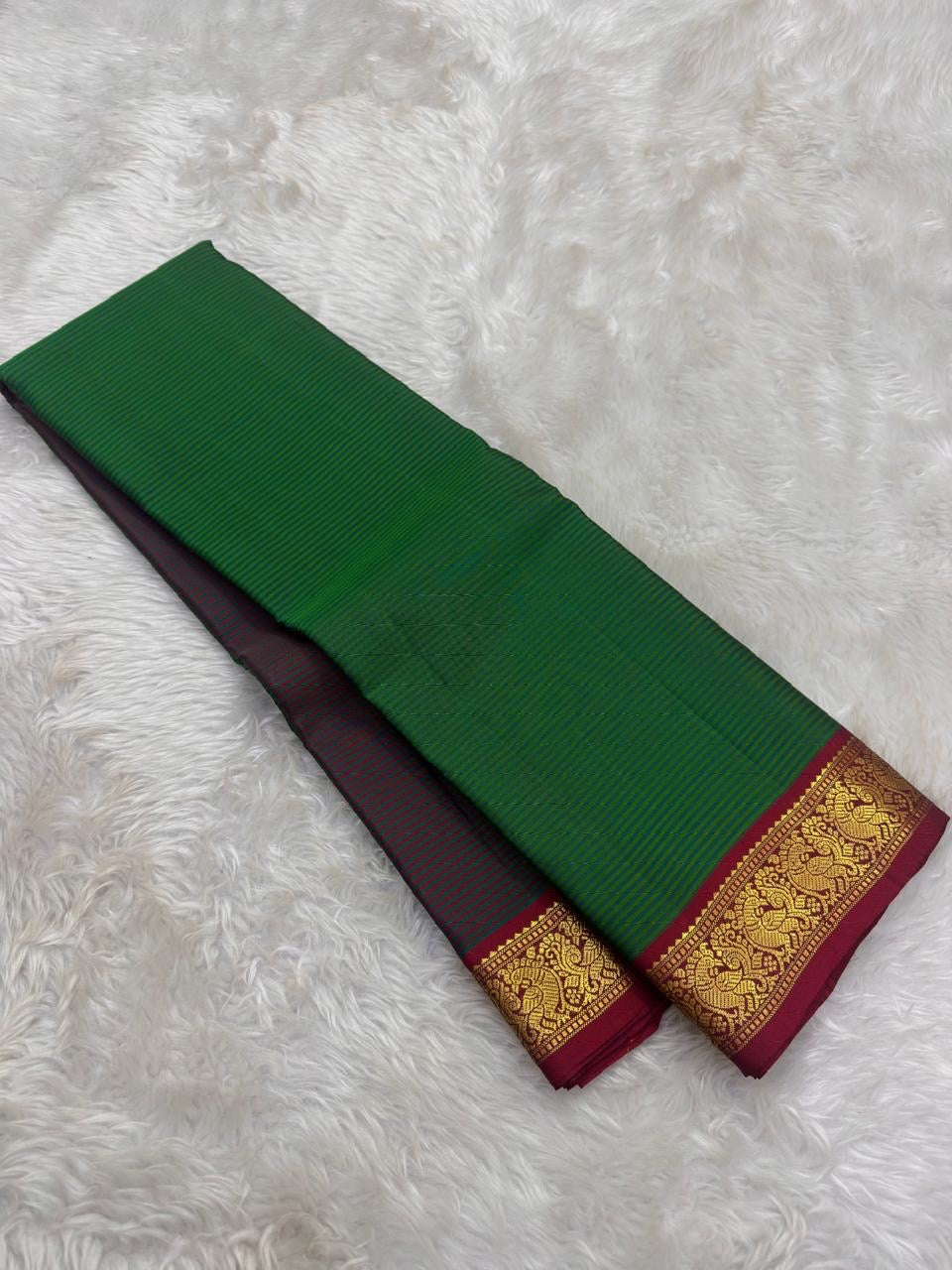 Peacock Green Vairaoosi Stripes Lightweight Pure Silk Kanchipuram Saree with Arakku Peacock Border – full body and contrast border