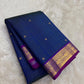 Handwoven blue silk saree with antique gold woven kattam checks