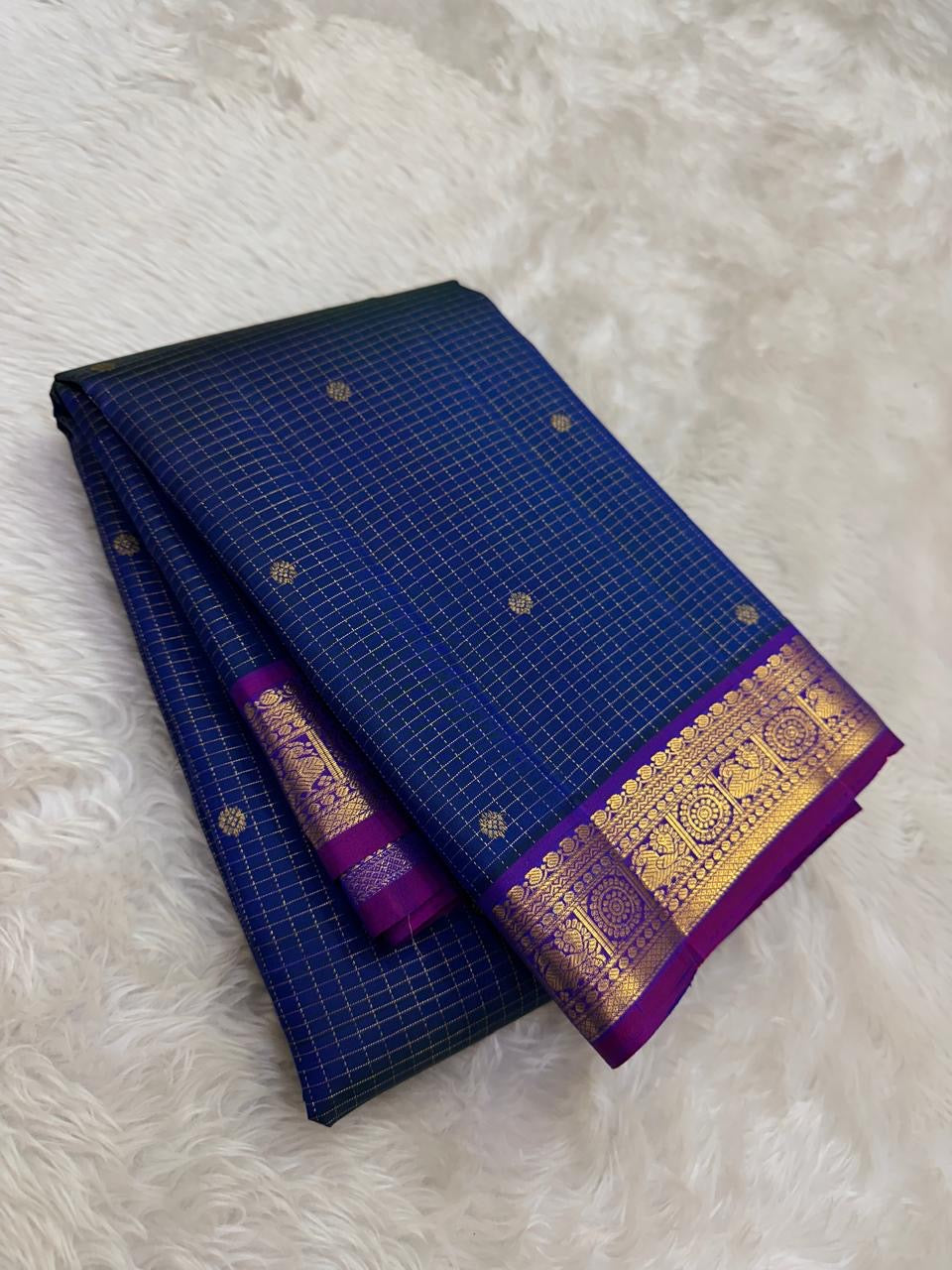Handwoven blue silk saree with antique gold woven kattam checks