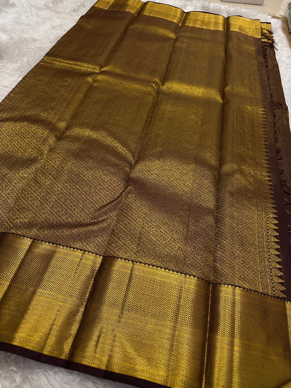 Deep Mahogany Brown and Antique Gold Handwoven Pure Silk Kanchipuram Saree with Vairaoosi and Mayil Chakram Butta