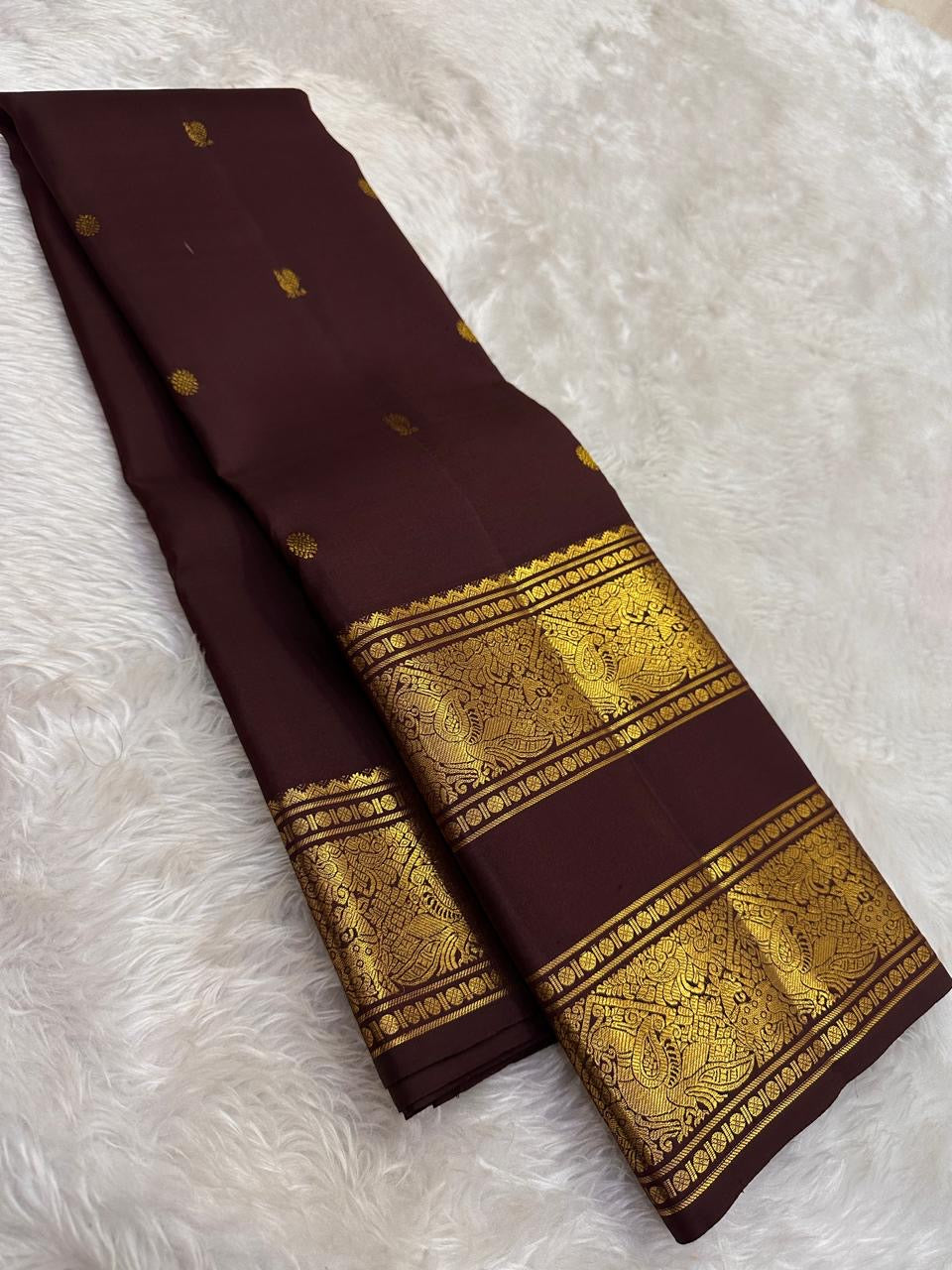 Espresso Brown and Antique Gold Handwoven Pure Silk Kanjivaram Saree with Rettapet Border and Mayil Chakram Butta