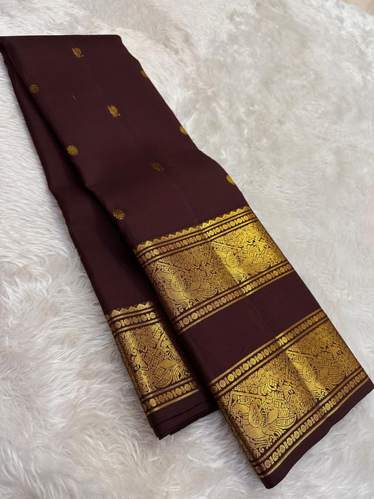 Espresso Brown and Antique Gold Handwoven Pure Silk Kanjivaram Saree with Rettapet Border and Mayil Chakram Butta